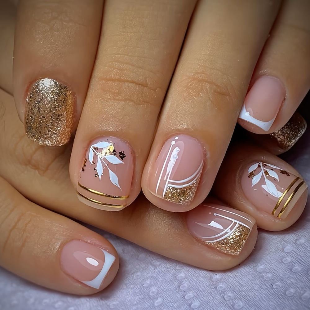Gold Leaf Foil - 24 шт. коротких квадратных накладных ногтей